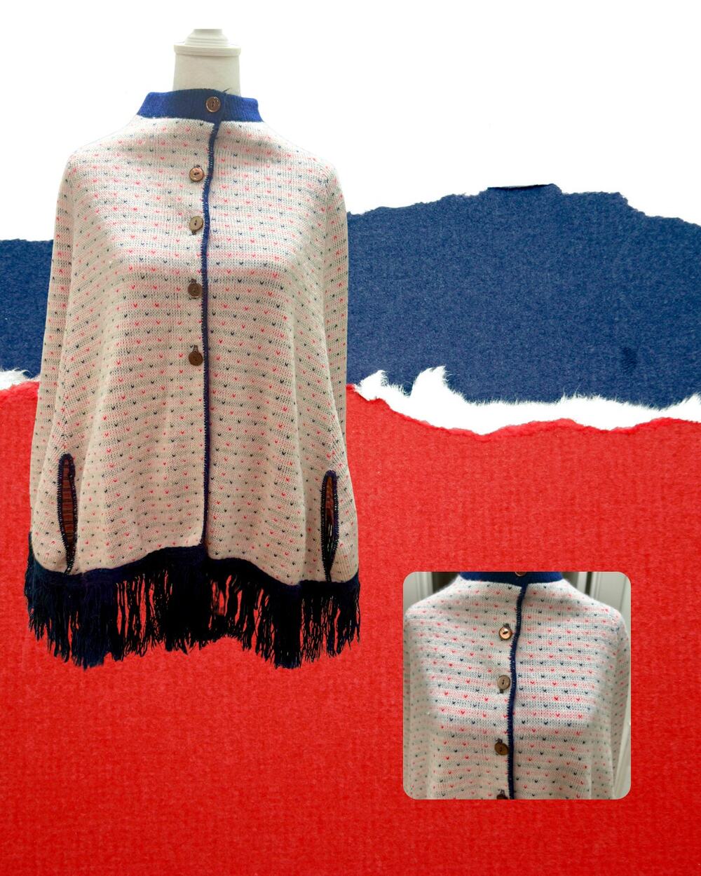 Vintage 70s Knit Button Front Poncho Cape Fringe Trim Boho Hippy Outerwear M/L